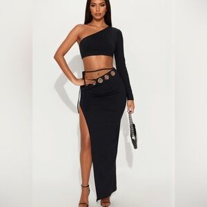 Black One-Shoulder Crop Top and Skirt Set
